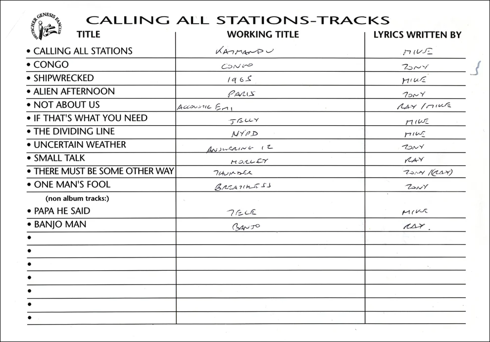 Calling All Stations - working titles and Lyric authors. Filled by Tony Banks himself during our interview 1997