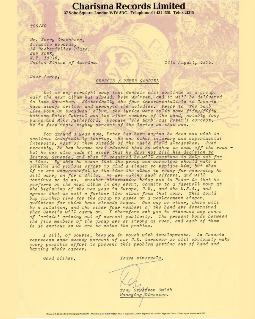 Letter from Tony Stratton-Smith to Atlantic Records